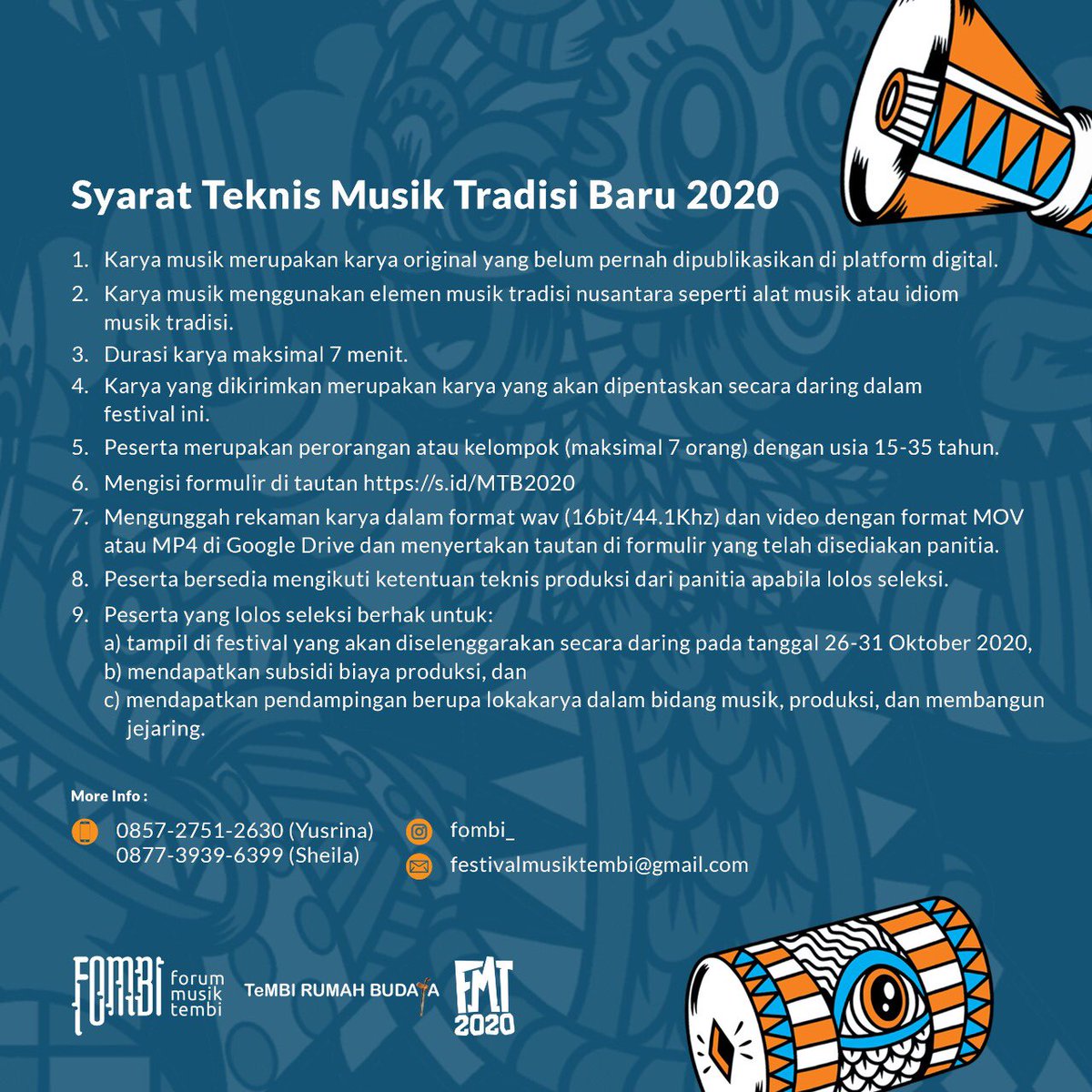 OPEN SUBMISSION MTB 2020
Segera daftar dan kirimkan karyamu !!

Info persyaratan juga bisa cek di tembirumahbudaya.com/2020/08/30/dic…

#FMT #FMT2020 #musiktradisibaru #opensubmission #MTB #MTB2020