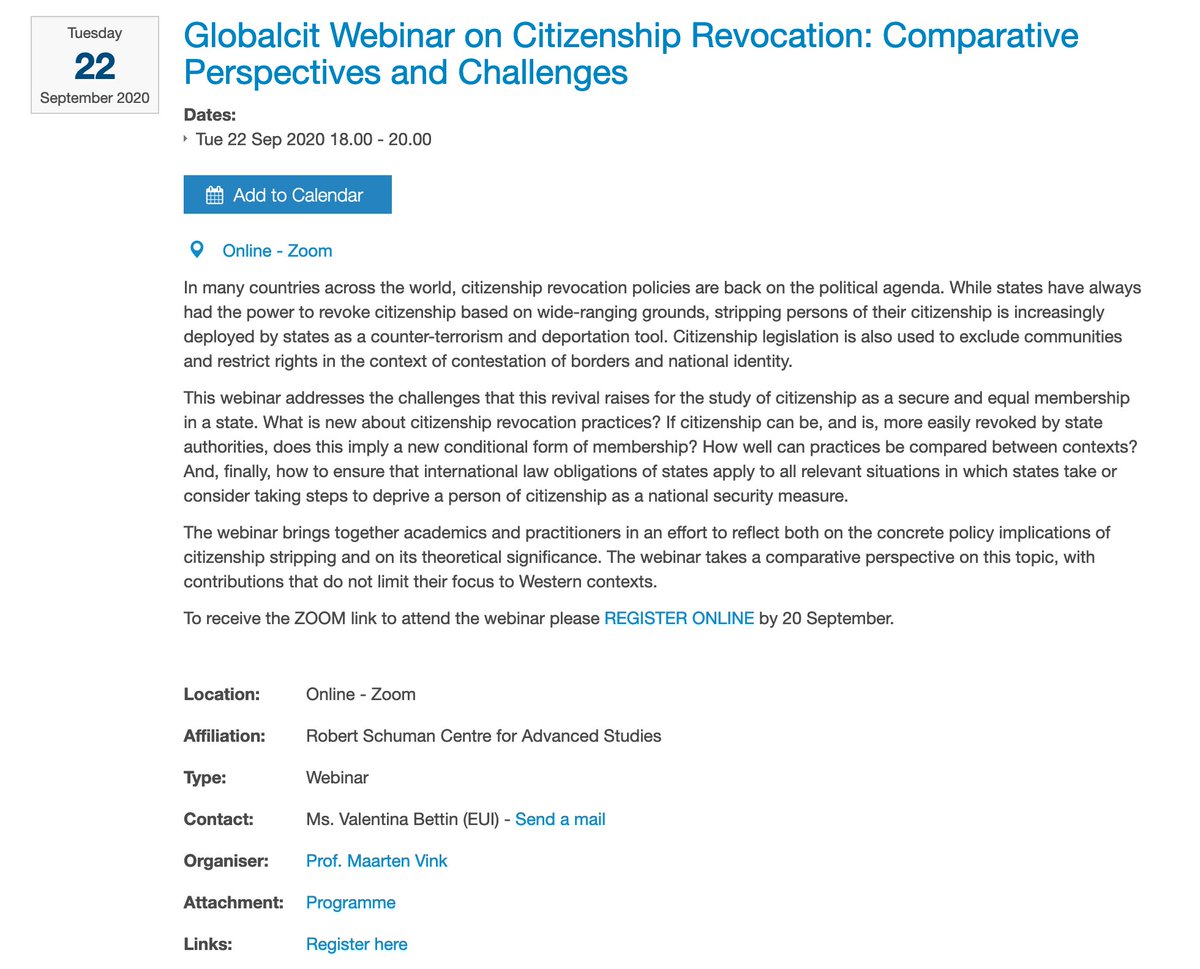 Delighted to announce the first GLOBALCIT Webinar of the new academic year on 22 Sept 18.00 CET Citizenship Revocation: Comparative Perspectives and Challenges, organised by @maartenpvink in conjunction with <a href="/institute_si/">ISI</a>. Register here for the zoom link: eui.eu/events/detail?….