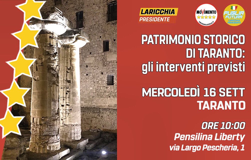 VianelloGio's tweet photo. Vi aspetto a #Taranto per parlare di recupero del patrimonio storico. Con me ci saranno il Sottosegretario al @_MiBACT @AnnaLauraOrrico e la candidata alla Presidenza #Puglia @AntoLari1986. Presente anche @casseseM5S #savethedate 👇 tutti i dettagli 👉🏻 https://t.co/ZgfhwY08SK https://t.co/5xgFpF44Gd