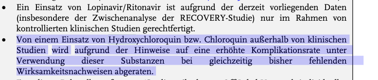 En Allemagne le Robert Koch Institute  @rki_de ( @santeprevention allemand)L'utilisation d'HCQ ou CQ est déconseillée en raison d'un taux de complications accru lors de l'utilisation de ces substances en l'absence de preuves d'efficacité. https://www.rki.de/DE/Content/InfAZ/N/Neuartiges_Coronavirus/COVRIIN_Dok/Antivirale_Therapien.pdf?__blob=publicationFile