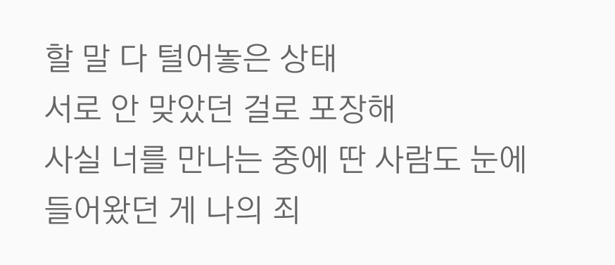 อยู่ในจุดที่พูดทุกอย่างออกไปหมดแล้ว
สุดท้ายก็เป็นอันว่าเราเข้ากันไม่ได้แล้วกัน
จริงๆแล้วความผิดของผมคือ
ไปชอบคนอื่นด้วยตอนที่คบกับคุณอยู่

《미친놈 (EX) :: Stray Kids》