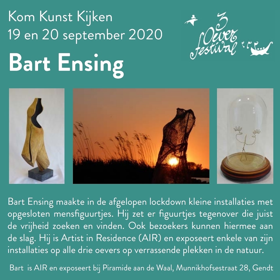 Kom Kunst Kijken bij Bart Ensing tijdens de 3 Oever Atelier Route. Hij exposeert 19 en 20 september bij de Piramide aan de Waal in Gendt en op 2 mooie buitenlocaties in Herwen en in Millingen. #3oeverfestival #3oeveratelierroute #doesdelen #agendatip 3oeverfestival.nl