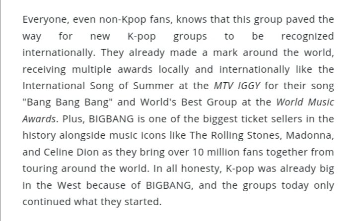 2. They were the first Korean mainstream hip hop idols" #BIGBANG is one of the biggest ticket sellers in the history alongside music icons like The Rolling Stones, Madonna, and Celine Dion as they bring over 10 million fans together from touring around the world." @YG_GlobalVIP