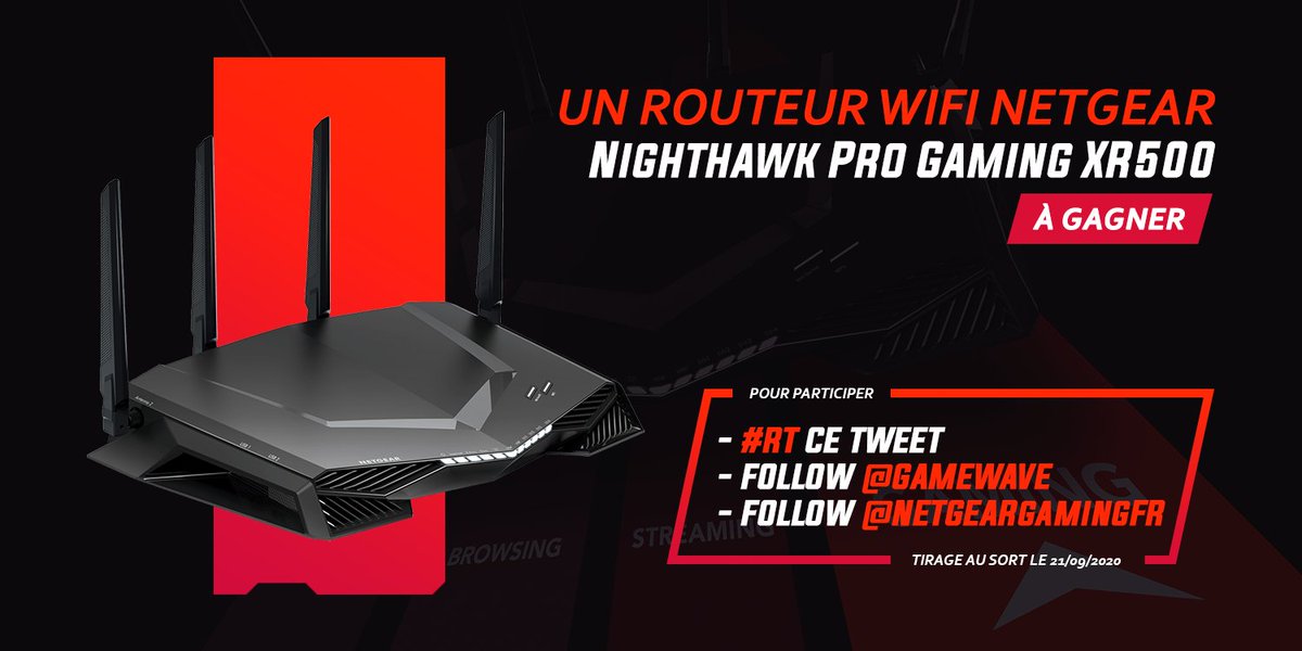 GAMEWAVE's tweet image. #CONCOURS 🎁

Marre des lags ? Ça tombe bien, on vous fait gagner un routeur WiFi Netgear Nighthawk Pro Gaming XR500 !

Pour participer : 
- #RT ce tweet
- Follow @GAMEWAVE 
- Follow @NETGEARgamingFr

📆 TAS le 21/09 

Bonne chance à tous !