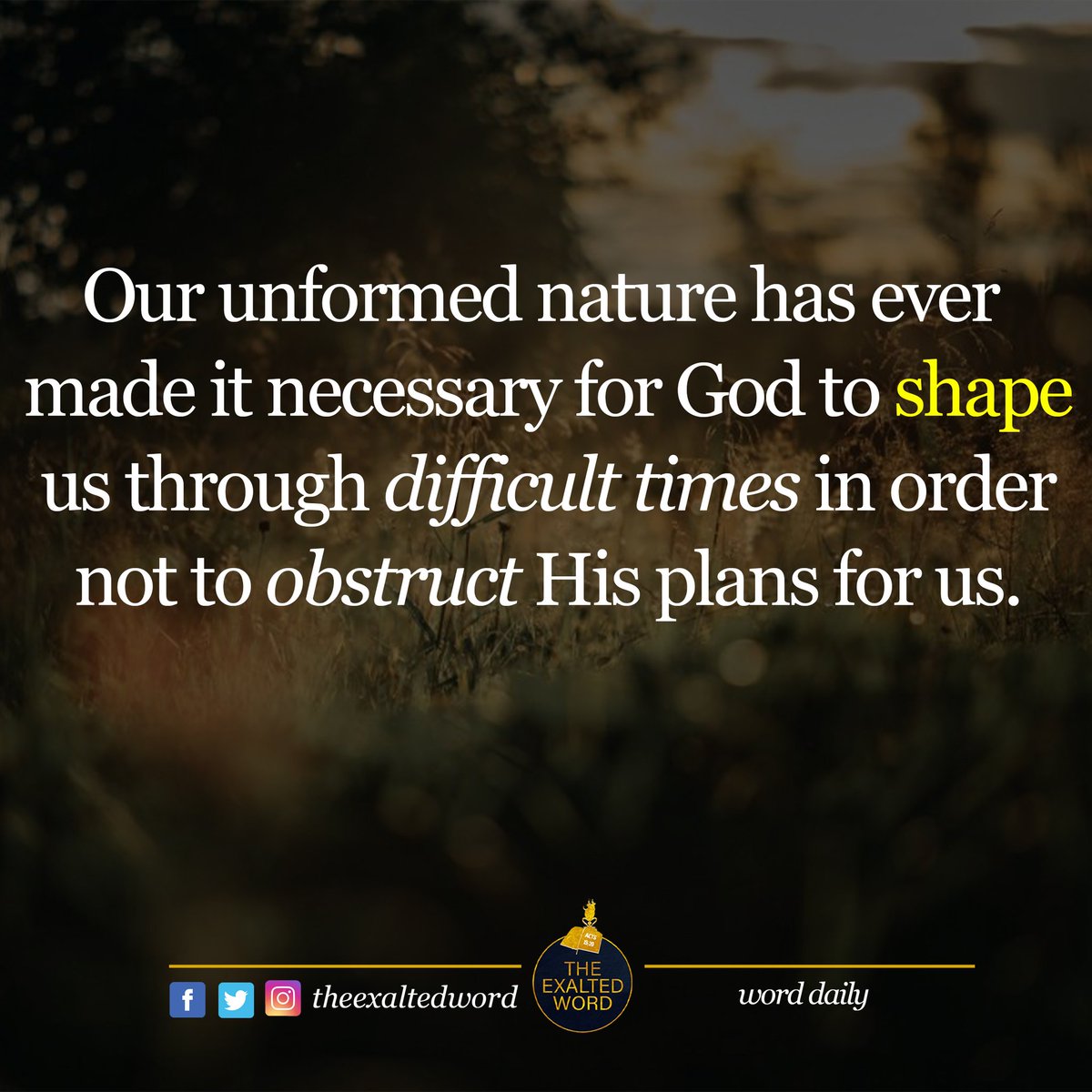 TheExaltedWord's tweet photo. Our unformed nature has ever made it necessary for God to shape us through difficult times in order not to obstruct His plans for us.

#TheExaltedWord https://t.co/y3vQmSCaxe