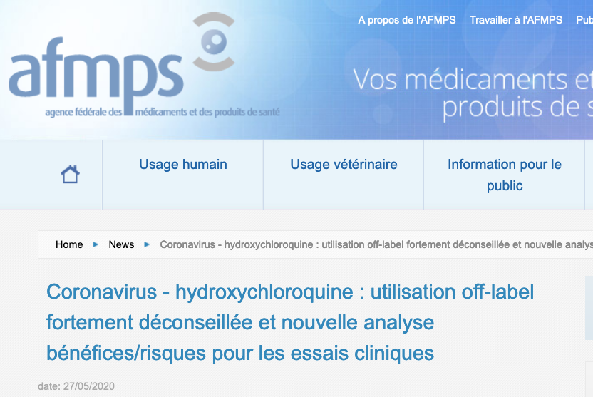 En Belgique  @AFMPS_BE (comme  @ansm) :Coronavirus - hydroxychloroquine : utilisation off-label fortement déconseillée ! https://www.afmps.be/fr/news/coronavirus_hydroxychloroquine_utilisation_off_label_fortement_deconseillee_et_nouvelle_analyse