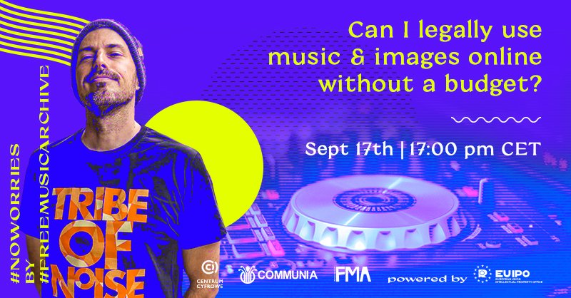 (2/2) Can I legally use music &amp; images online without a budget? Join us online 👉 tinyurl.com/y49fpk2t
 |  Sep 17 | 17.00 CET #noworries with FMA research results, do's and dont's, myth busting, animated GIFS and live music! 🎶 by Rocky Marsiano.