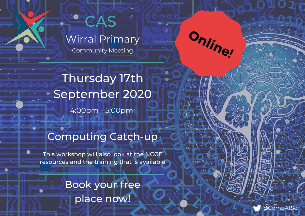 CAS_NorthWest's tweet photo. Join CAS Wirral Primary on 17th September for a Computing &amp; COVID-19 Catch-up! 

Register here: https://t.co/GfeqjIri5E https://t.co/45J8szKUL0