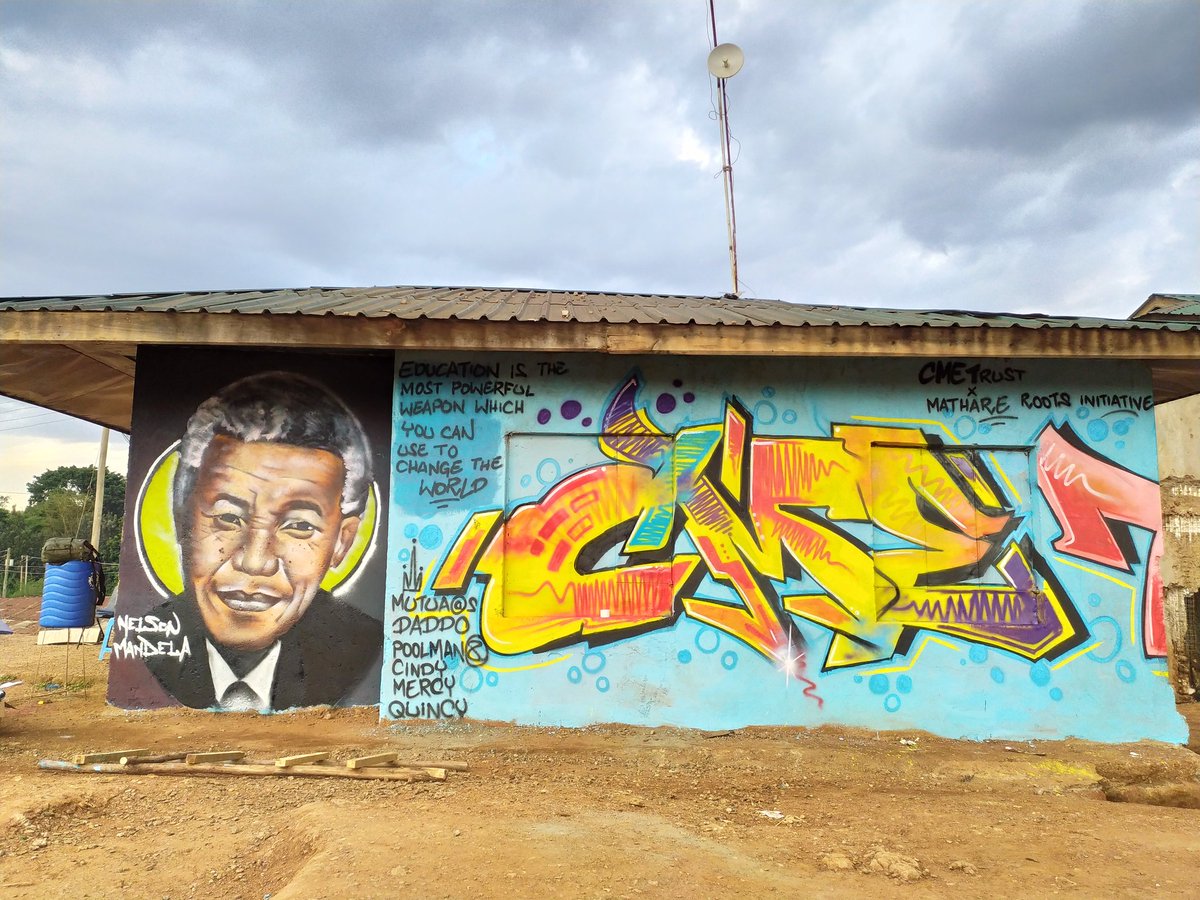 CMETrust's tweet photo. And our Mathare offices have some new faces! Such an honour to collaborate with our good friends @Mathare_Roots &amp; homegrown talents led by @MyTribeIsArt1 to celebrate education champions @Malala &amp; @NelsonMandela Thank you @KCBGroup for donating paints! https://t.co/iVi6i33wJ7