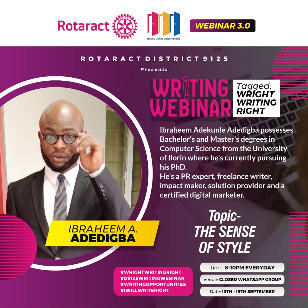 comr_Alfa's tweet photo. Rotary Education and Literacy Month (September)
District 9125 Writing Webinar Day 2.
Thanks @Rotaract9125NG
#WrightWritingRight
#D9125WritingWebinar
#WritingOpportunities
#IWillWriteRight https://t.co/6ZgVo29LVp