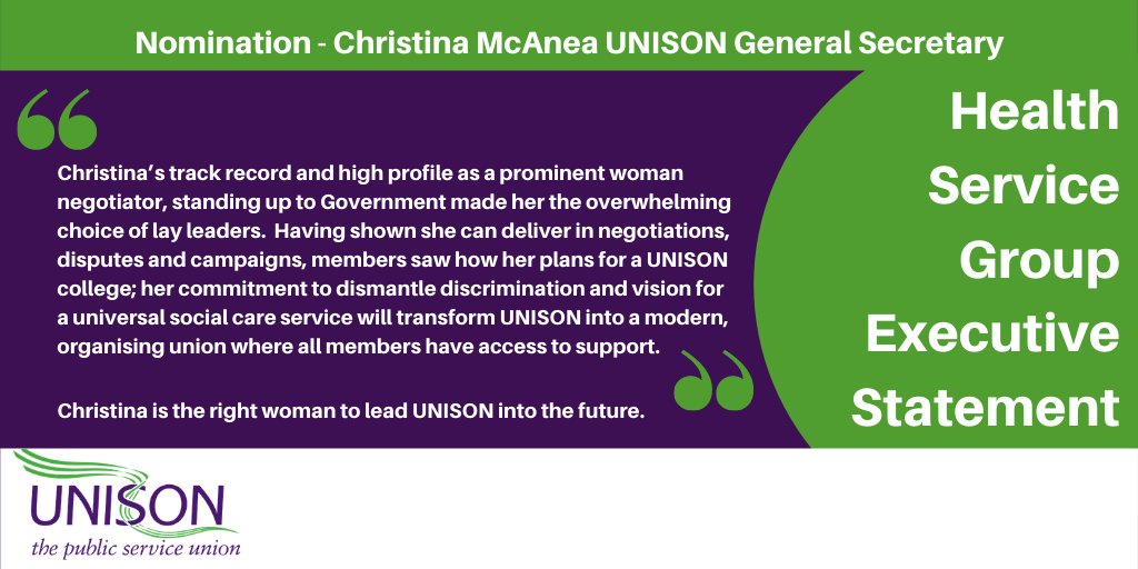 UNISONOurNHS's tweet photo. UNISON’s Health Service Group Executive has agreed to nominate Christina McAnea as the next General Secretary of UNISON. The following statement has been issued in accordance with the rules of the election #GSelection https://t.co/jsEvYUXZTf