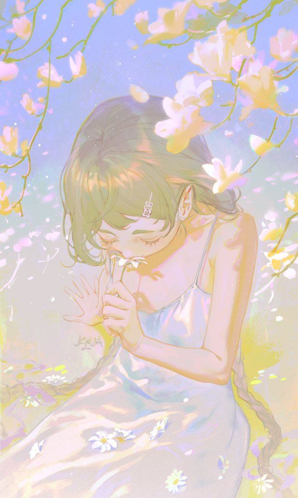 1girl flower dress solo white dress closed eyes long hair  illustration images