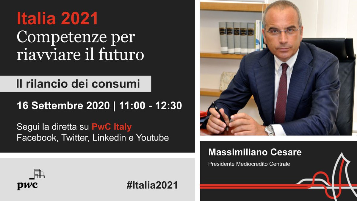 PwC_Italia's tweet photo. #DigitalEvent : “#Italia2021” – Il rilancio dei consumi: Competenze per riavviare il futuro.
Con Massimiliano Cesare, Presidente @MediocreditoC 
▶️ https://t.co/WAPE4ZSXT3
_
#PwCItaly https://t.co/z2UjXDQJSI