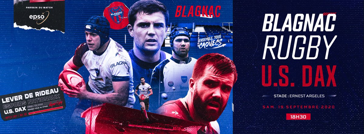 Le rugby est de retour au Stade Ernest Argelès !

⚡ <a href="/usdaxrugby/">U.S.Dax Rugby Landes</a> 
🗓️ Samedi 19 Septembre
🕐 18h30

Un match parrainé par Epso

🎟️ Les 100 premiers billets à 5€ : weezevent.com/blagnac-rugby-…

#blagnacrugby #rugbynationale @RugbyNationale