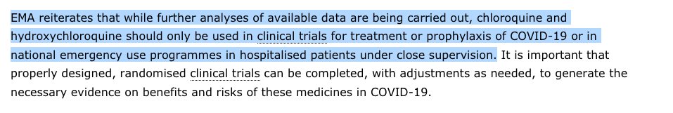 Europe : l'EU Medicines Agency  @EMA_News Ne pas utiliser en dehors d'essais cliniques. Rappel de la toxicité https://www.ema.europa.eu/en/news/covid-19-reminder-risks-chloroquine-hydroxychloroquine