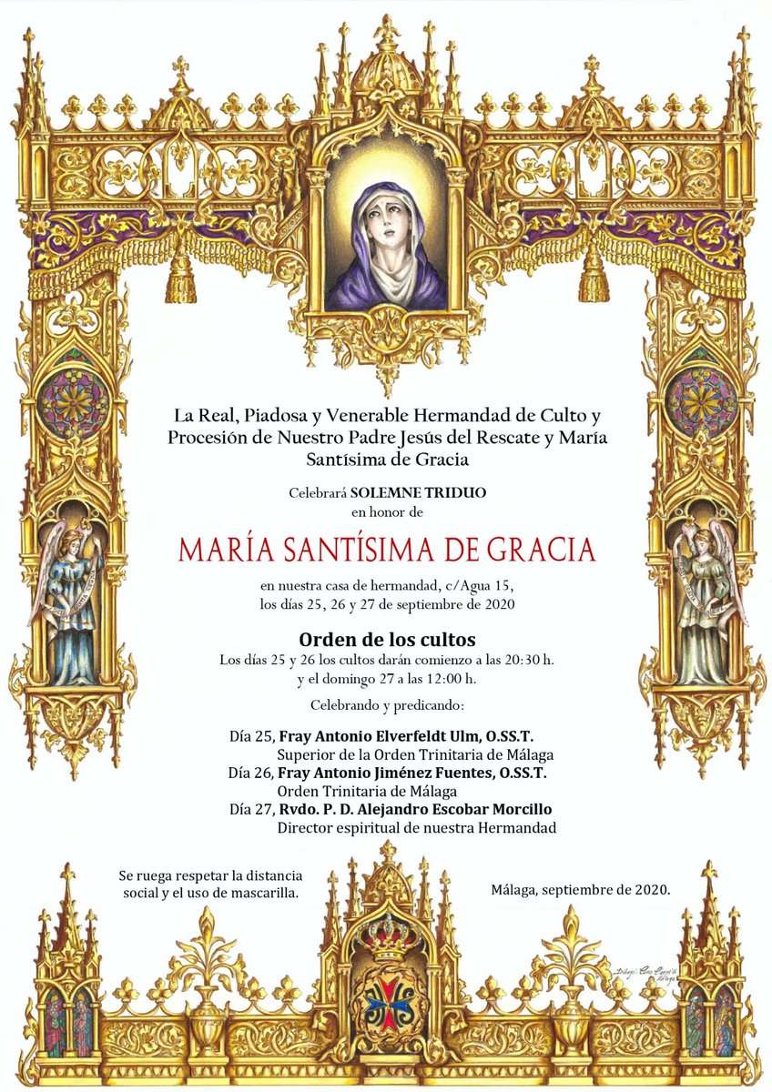 HdadRescate's tweet photo. El próximo 25, 26 y 27 de septiembre la Hermandad del Rescate celebra el triduo dedicado a María Santísima de Gracia #CofradiasMLG @SubmarinoGracia @MesaRescate https://t.co/Do8i8kgKEU