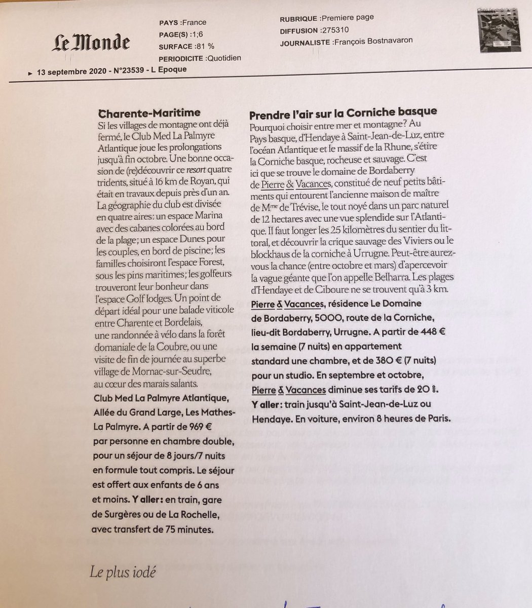 Parmi les 5 escapades proposées par <a href="/lemondefr/">Le Monde</a> pour prolonger l’été indien notre résidence <a href="/Pierre_vacances/">Pierre & Vacances</a> #Bordaberry #paysbasque 🌞