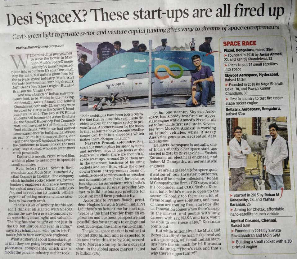 BellatrixAero's tweet photo. Thank you @timesofindia for the coverage on Indian space startups https://t.co/De1knfRKRX