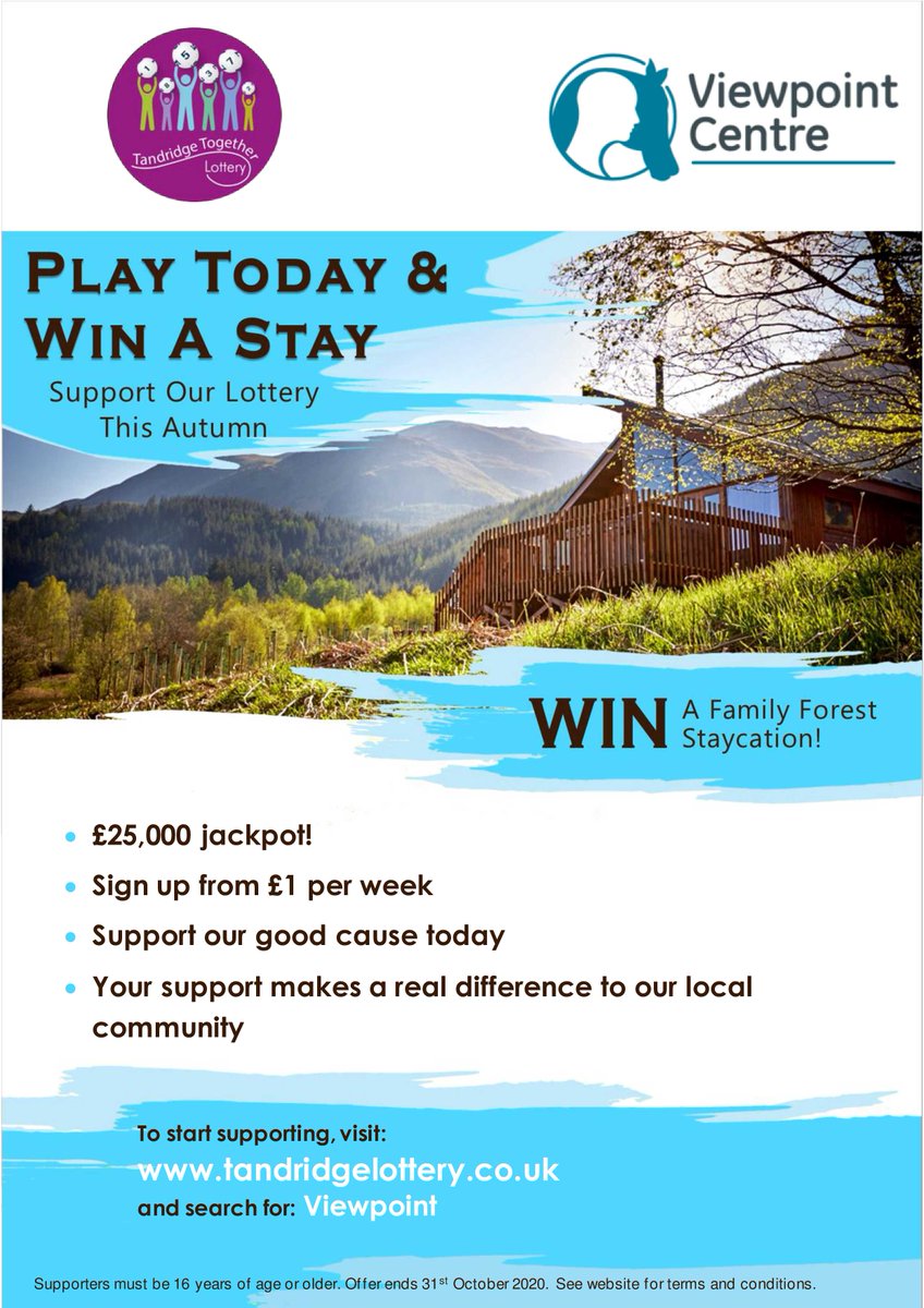 Please sign up to the @TandridgeLotto for as little as £1 a week to support @ViewpointCentre and our work with vulnerable young people during these extra challenging times. You could be in with a chance to win a Family Forest Staycation and other jackpot cash prizes this autumn!