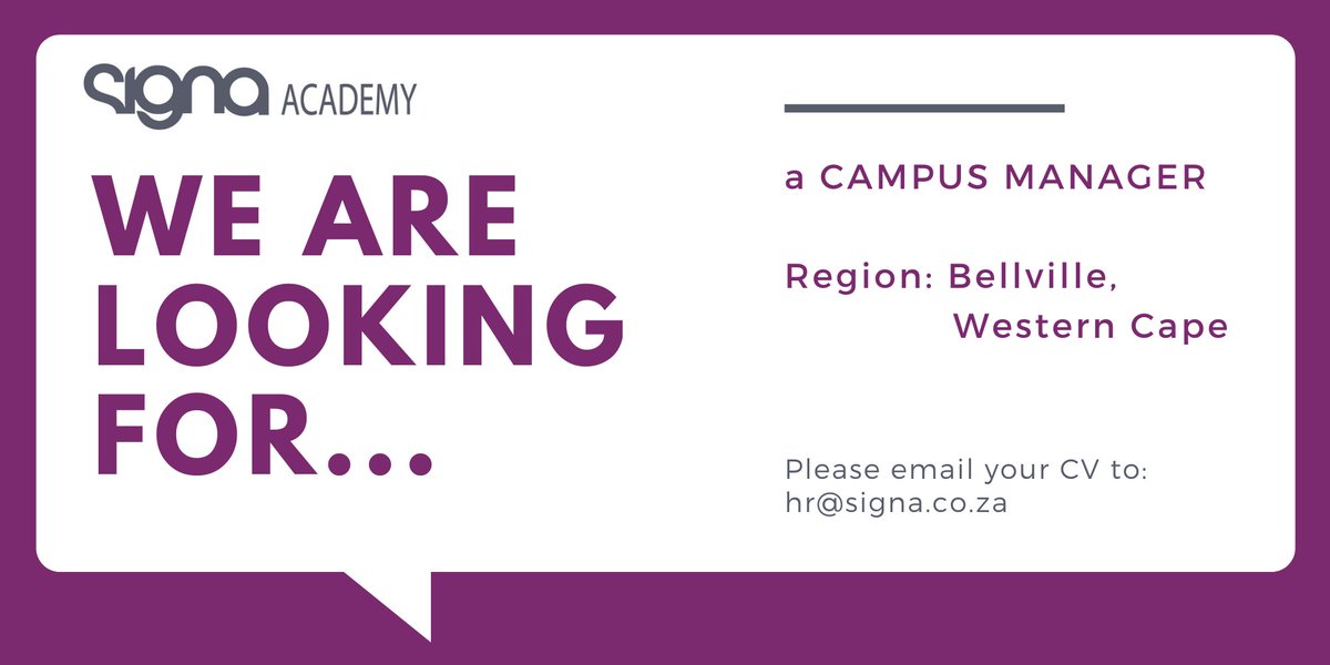 Signa_Group_'s tweet photo. Signa Academy is HIRING!
Campus Manager in Bellville.
Apply here:
https://t.co/KwY7GqtNna
#job #vacancy #work #campusmanager #jobs https://t.co/fnwIntnISs