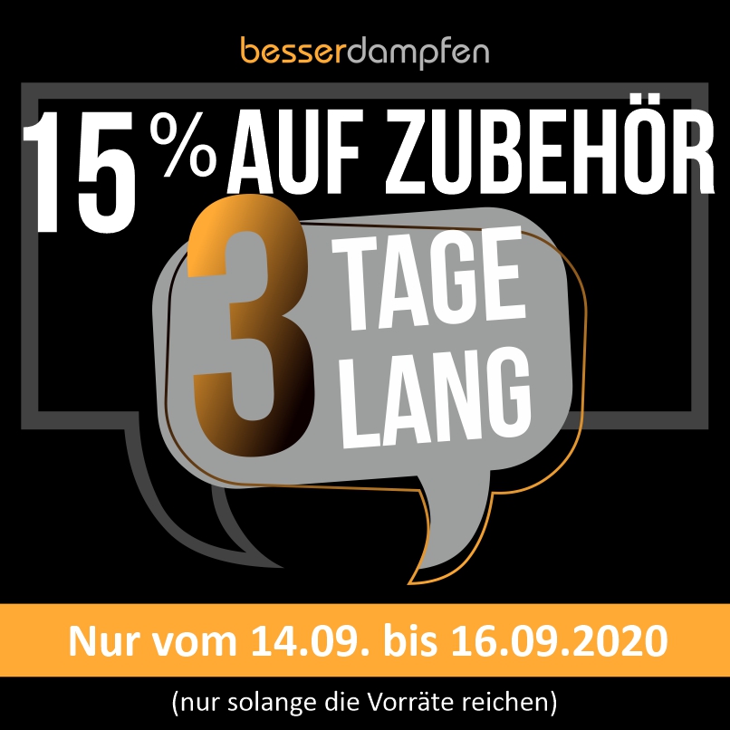 besserdampfen's tweet photo. Jetzt 15% Rabatt auf ALLES ZUBEHÖR - 3 Tage!
Nur bis einschließlich 16.09.2020 und nur solange die Vorräte reichen: https://t.co/eTsONCykDN
Ausgenommen: GUTSCHEIN Kauf und bereits rabattierte Artikel.

Hol Dir jetzt Dein Zubehör ☁️🙂☁️ https://t.co/vJFIUfnAg8