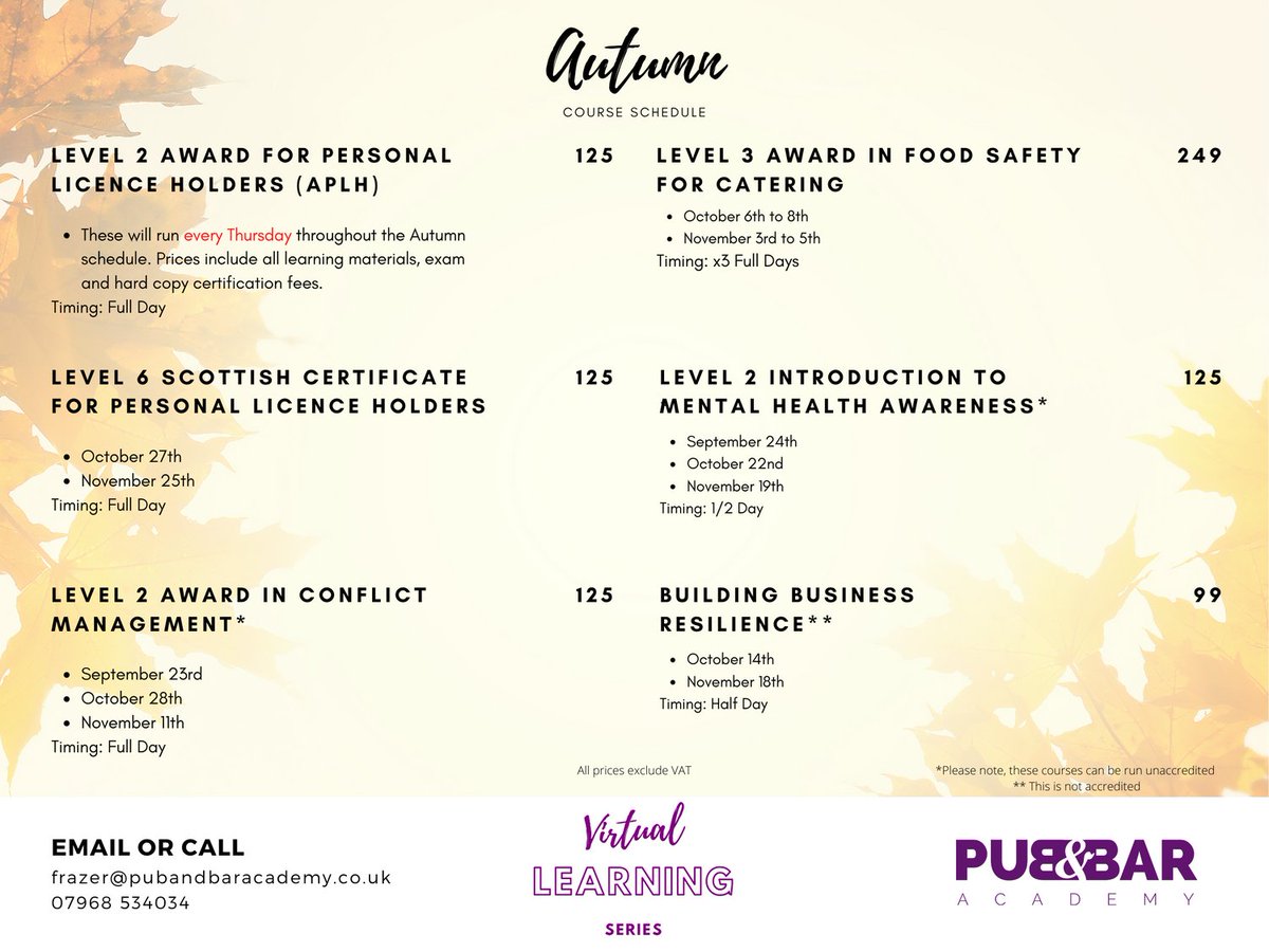 PubBarAcademy_1's tweet photo. We are incredibly proud to offer a sample of our new Autumn course brochure.  All sessions are live and tutor led, designed and built on our new virtual learning platform.  For more information and the full copy of our Autumn brochure get in touch today.
#pub #bar #hospitality https://t.co/h0tFVMB38u