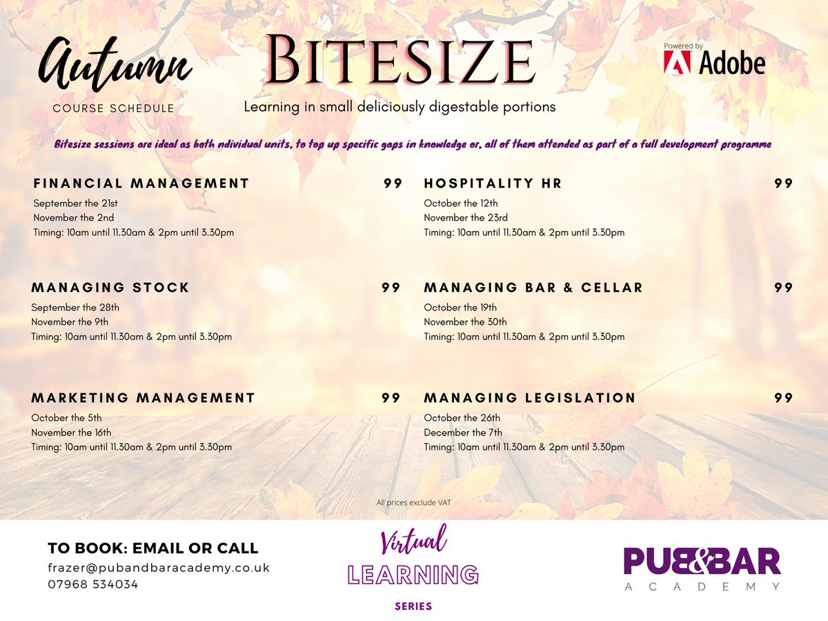 PubBarAcademy_1's tweet photo. We are incredibly proud to offer a sample of our new Autumn course brochure.  All sessions are live and tutor led, designed and built on our new virtual learning platform.  For more information and the full copy of our Autumn brochure get in touch today.
#pub #bar #hospitality https://t.co/h0tFVMB38u