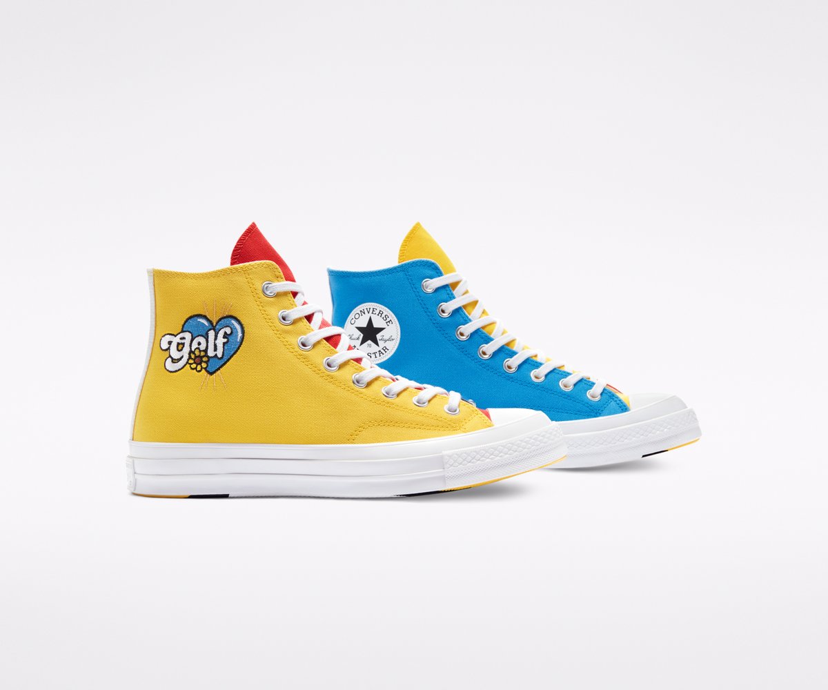 sneakersnstuff's tweet image. Summer isn&apos;t over 🌞 Tyler, the Creator brings the bold, youthful energy of his streetwear line to the premium Chuck 70 canvas with a design that recreates a fan-favorite varsity jacket from a recent GOLF WANG collection --- l8r.it/JSKV