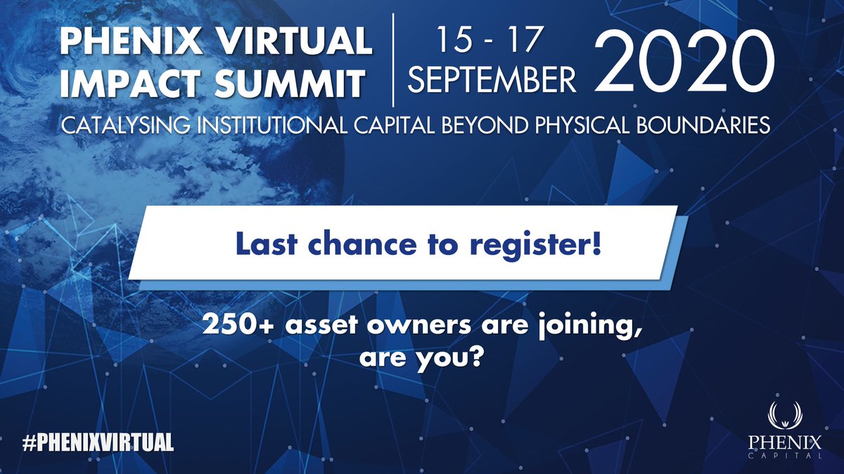 LAST CHANCE TO REGISTER for Phenix Virtual Impact Summit starting tomorrow! We look forward to connecting with our 400+ attendees over the next couple of days. 

Institutional investors &amp; asset owners can claim last FREE tickets 👉 events.phenixcapital.nl/event/7e07963f…

#PhenixVirtual #impinv