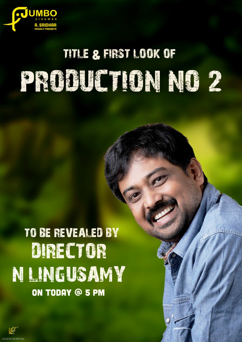 . @jumbocinemas #productionNo2 title to be revealed by Actor @vijayantony & Director @dirlingusamy today at 5pm @aasridhar20 Directed by @Alagukarthik5 @ajesh_ashok @dop_ramesh @PradeepERagav @johnsoncinepro @lightson_media