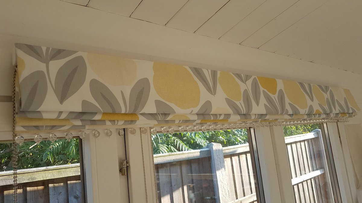 VACurtains's tweet photo. Completed interlined Roman blind and matching #doubleovenmitt.  Fabric by #lauraashley serena sunshine, mustard and grey #kitchenremodel https://t.co/C5A1SMUnQI