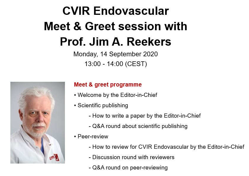 cvirendo's tweet photo. Less than 1 hour until we start! Join us and learn more about scientific publishing &amp; peer-reviewing for CVIR Endovascular from Prof Reekers.
Click the following link to join the session: https://t.co/mVvLEAUdpd #CIRSE2020 #IRad #ETF #IRs #getyourquestionsready https://t.co/v5Sk6JPuBs