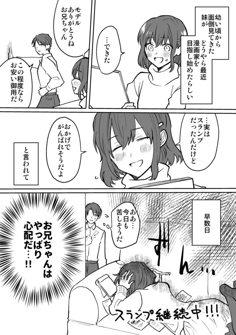 【創作漫画】妹からマンガのモデルを頼まれた兄が、BLマンガと知らずに協力する話2/3
#BLマンガ脳妹x少女マンガ脳兄 