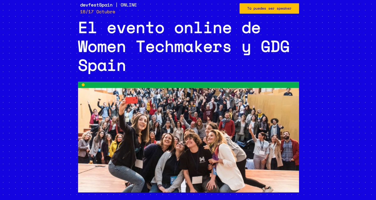 🫂 Nos hemos unido <a href="/WTMSpain/">WTM Spain</a> <a href="/WTMAsturias/">Women Techmakers Asturias</a> <a href="/GDG_ES/">GDG Spain</a> <a href="/GdgAsturias/">GDG Asturias</a> <a href="/GDGCartagena/">GDG Cartagena</a> <a href="/GDGMarbella/">Google Developer Groups Marbella</a> <a href="/GDGMurcia/">Google Developer Groups Murcia</a> <a href="/GDGLleida/">GDGLleida</a> <a href="/gdgourense/">GDG Ourense</a> <a href="/GDGSantiagoES/">GDG Santiago de Compostela</a> 

🤩 ... para traerte la Primera Edición de #devfestSpain 

🤓 ...Y estamos esperando tu propuesta para ser speaker! devfestspain.com