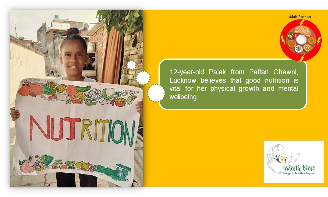 MamtaHIMC's tweet photo. 12-year-old Palak from Paltan Chawni, Lucknow believes that good nutrition is vital for her physical health and mental wellbeing.
@HCL_Foundation #POSHANMaah2020 #MyCommunityProject #Lucknow https://t.co/gDOXzQYhA4
