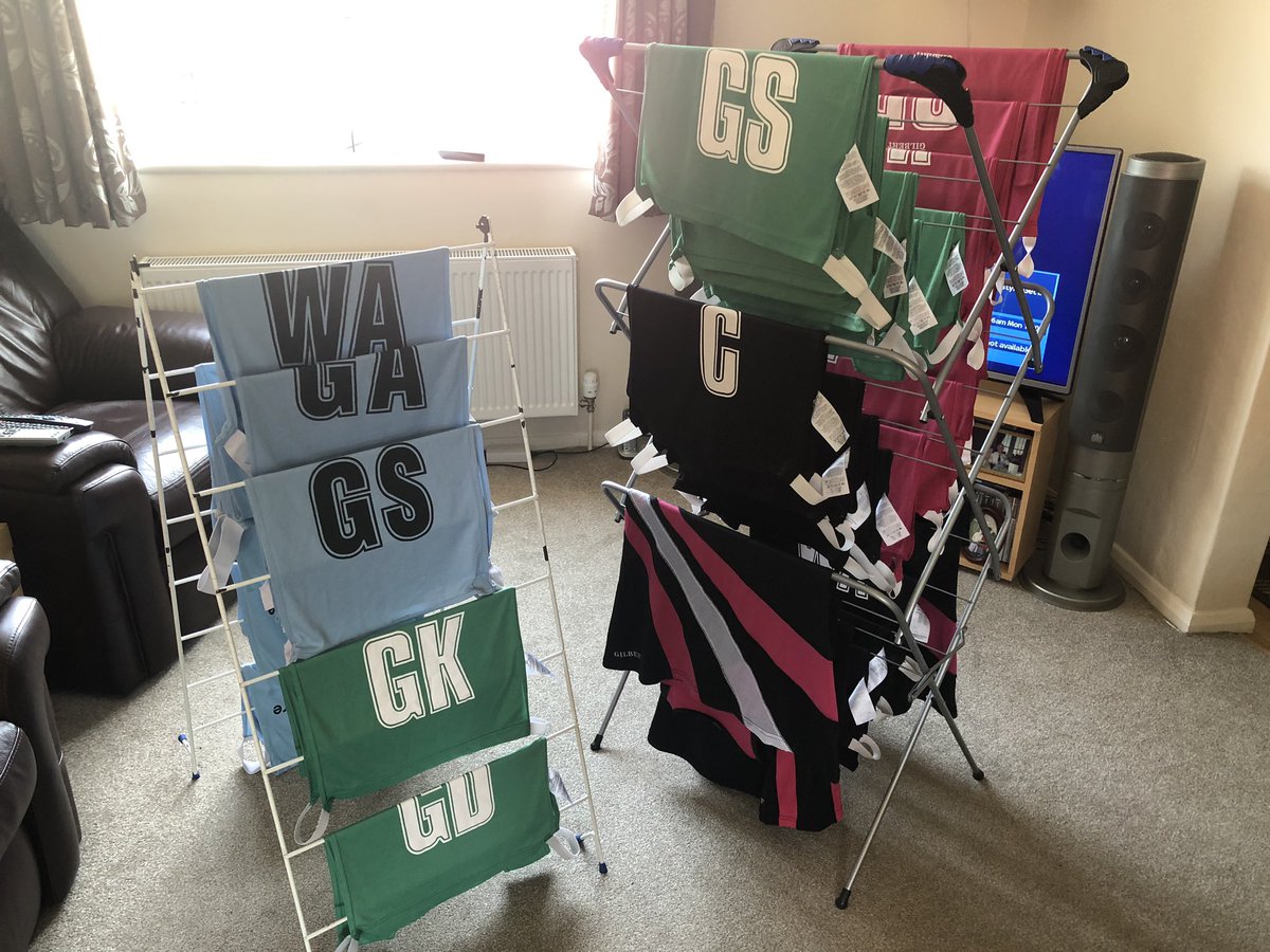 HeritageLeague's tweet photo. It’s a Netball Covid Preparation day! Washing, sanitising, prepping, spare, spare, spare bibs, anti-bac spray and hand gel ~ we’ve got this ��🏻 #Covid #preparation #netball #riskassessment #facemasks #sparebibs #netballkit #covidkit https://t.co/ugVMIH8YtM