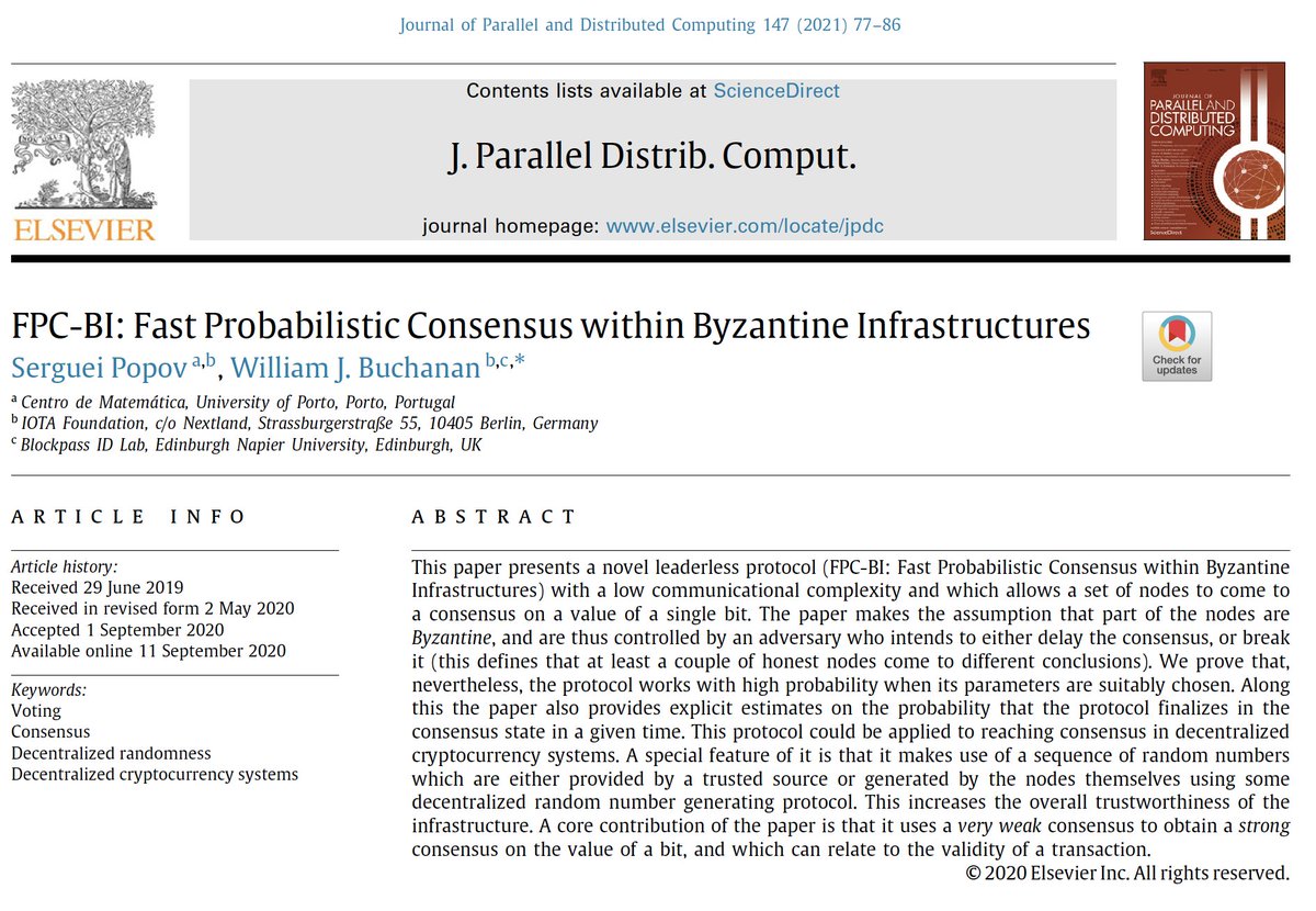 iota's tweet image. The academic paper about IOTA's #FPC protocol, a key feature of #Coordicide, is now available on @ElsevierNews! By Dr. Serguei Popov and Dr. Bill Buchanan. Download it for free at sciencedirect.com/science/articl…
#IOTA @billatnapier @mthcl_crypto