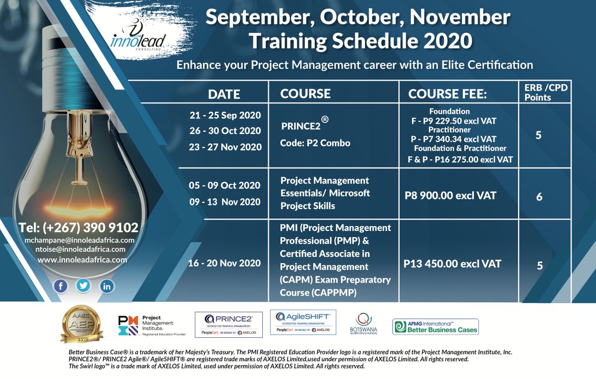 InnoLeadConsult's tweet photo. #CorporateEntities, #Governments, #SMMEs, #entrepreneurs and #individuals, invest in yourselves through our Project Management training offerings, #contactus and harness the full - might of the #ProjectEconomy. ntoise@innoleadafrica.com, mchampane@innoleadafrica.com,+267 390 9102 https://t.co/WOQQQKYvPz