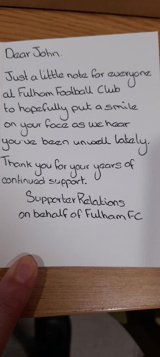 layston_grove's tweet photo. Our much-loved resident John is a huge @FulhamFC supporter, so he was overjoyed to receive this lovely gesture from them after one of our Senior Carers contacted the club ❤️#thankyou #kindness #fulhamfc #numberonesupporter https://t.co/LdKW4CYK0M