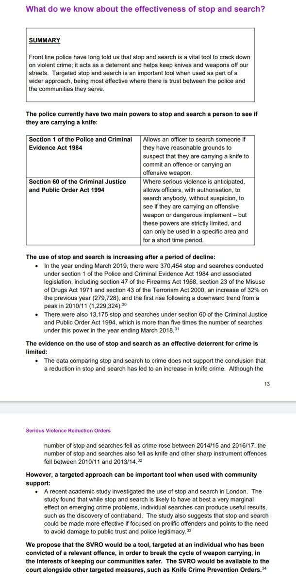 Skimming the consultation doc for the proposed Serious Violence Reduction Orders  #SVROs, which major on new  #stopsearch powers. It's notable the section on the effectiveness of S&S says (correctly) evidence is limited.1/ https://assets.publishing.service.gov.uk/government/uploads/system/uploads/attachment_data/file/917277/SVRO_consultation.pdf