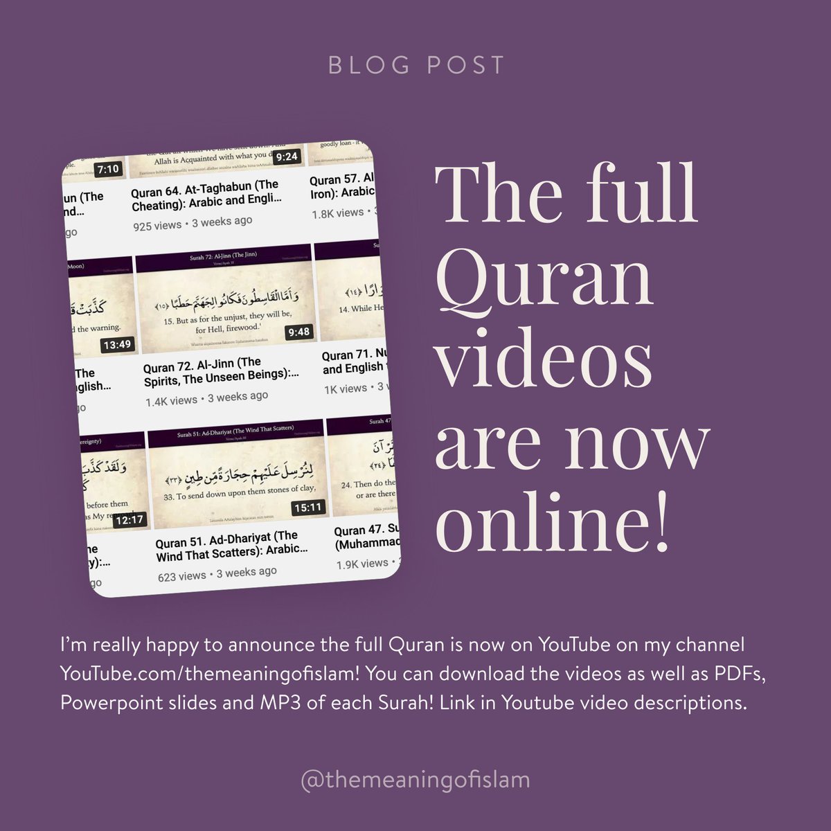 MeaningOfIslam's tweet photo. Alhamdulilah I'm sooo excited to announce that the full Quran videos are now on my YouTube channel!
Next launch will now be the #DailyMuslim app on 1 November insha'Allah!
---
#themeaningofislam #quranvideos #quran https://t.co/dLeexZviwZ