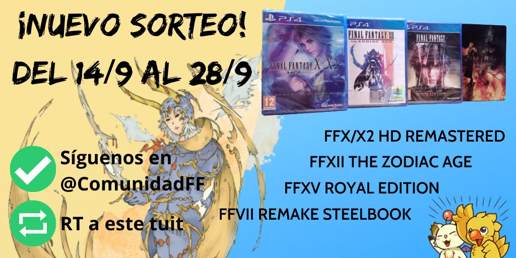 ComunidadFF's tweet photo. Despedimos el verano con un #sorteo 🥳
¡Estos 4️⃣ Final Fantasy de #PS4 pueden ser tuyos!
Para participar:
   ✅ Síguenos 
   🔁 RT a este tuit
¡Mucha suerte! 🤞🍀 https://t.co/mXvyanZ3hM