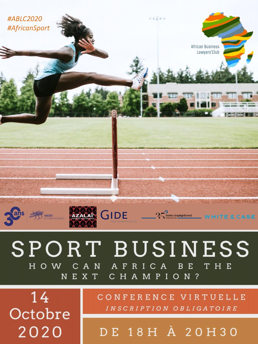 AfricaBizLaw's tweet photo. A vos marques…. Et si le sport changeait l’Afrique ?

RDV le 14 octobre pour la nouvelle conférence de l’ABLC « Sport Business – How can Africa be the next champion ? »

Conférence entièrement virtuelle ! Info sur l’inscription à suivre bientôt
#Africa #sport https://t.co/c04DYW7JdR