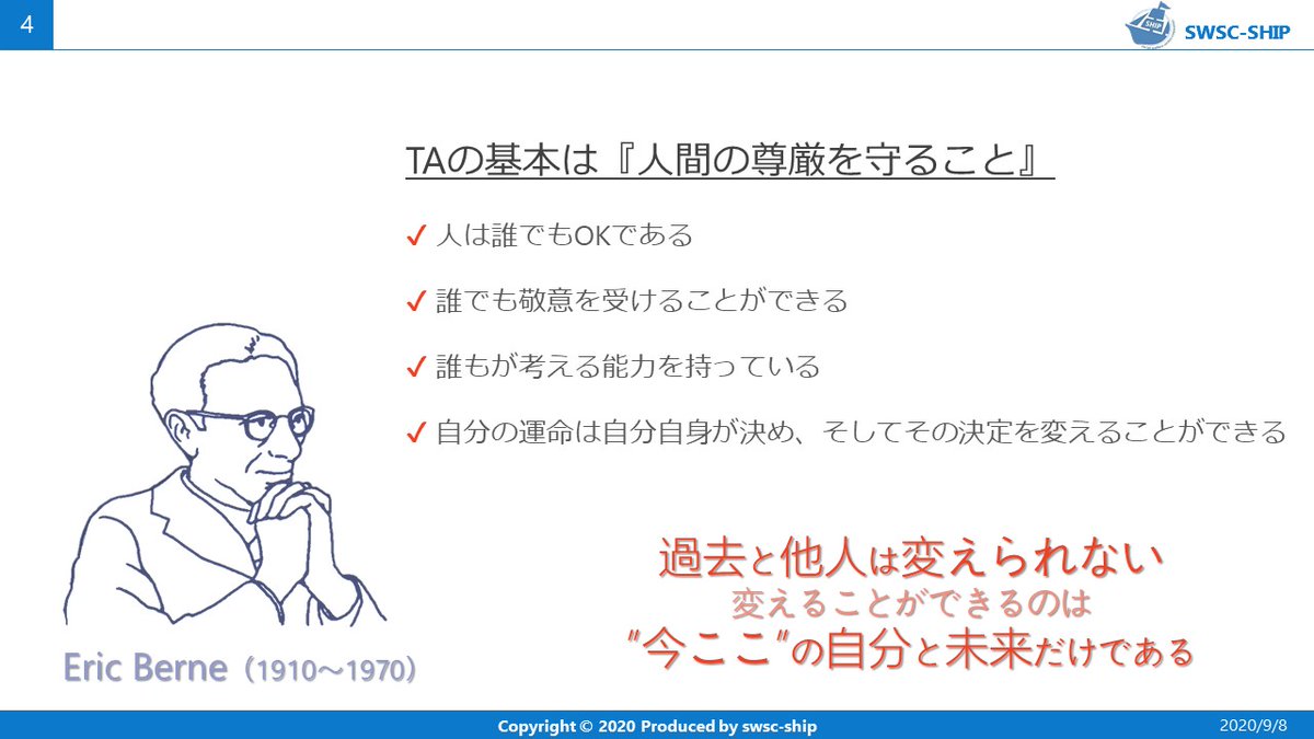 ボビー上田 福祉と心理の人 Ta 交流分析 による援助方法 アメリカの心理学者 エリック バーンが提唱した心理療法 エリック バーンの名言 過去と他人は変えられない 変えることができるのは 今ここの自分と未来だけである うん イイ言葉だなぁ