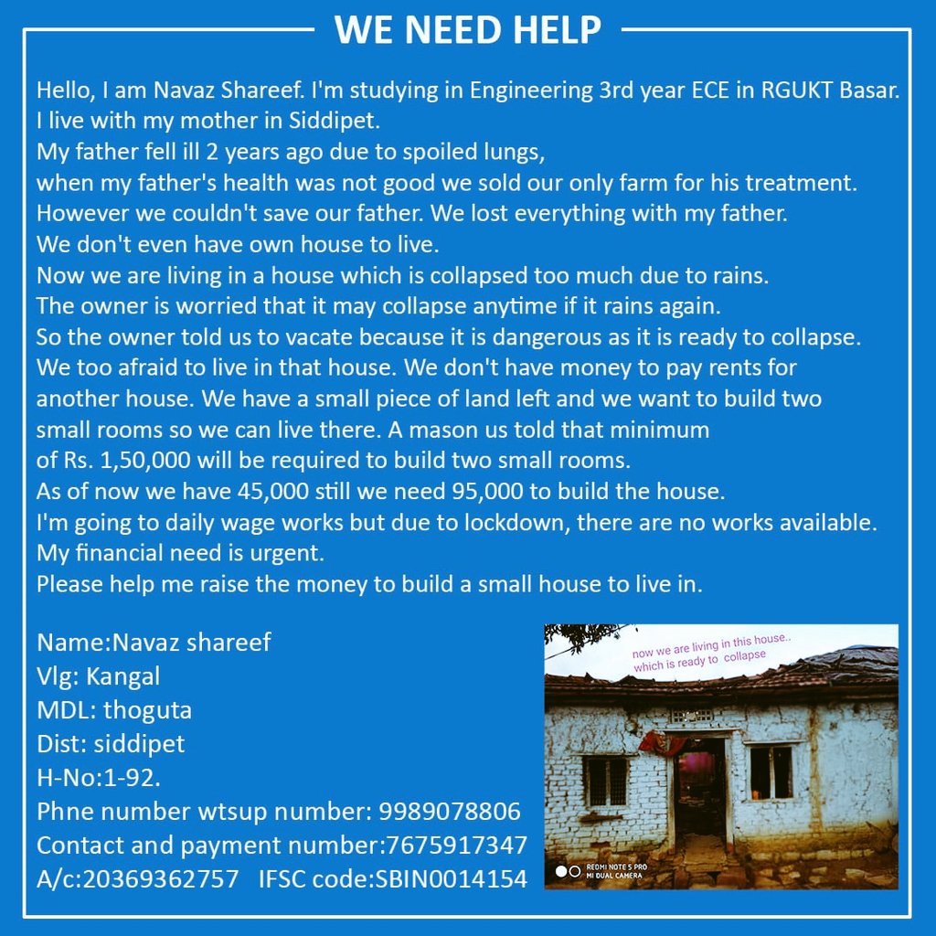 MNavazshareef's tweet photo. @SonuSood
@KTRTRS
@trsharish
Respected sir
 I am RguktB student from Telangana struggling a lot for financial need hope you understand the situation by reading the post

 *Please* contribute as much as you can 
humbly knocking your hearts for donation https://t.co/vGp9OKev7w