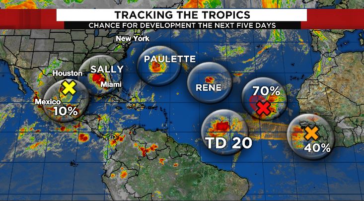 KPRC2Britta's tweet photo. Afternoon heat and storms for SE TX while we track SALLY to our east. SE LA and MS will be hit hard Tuesday with flooding rain and storm surge. Here is a full look at the tropics ---> https://t.co/4Mq95LlsCY #goweather https://t.co/GXrBCSC8jO