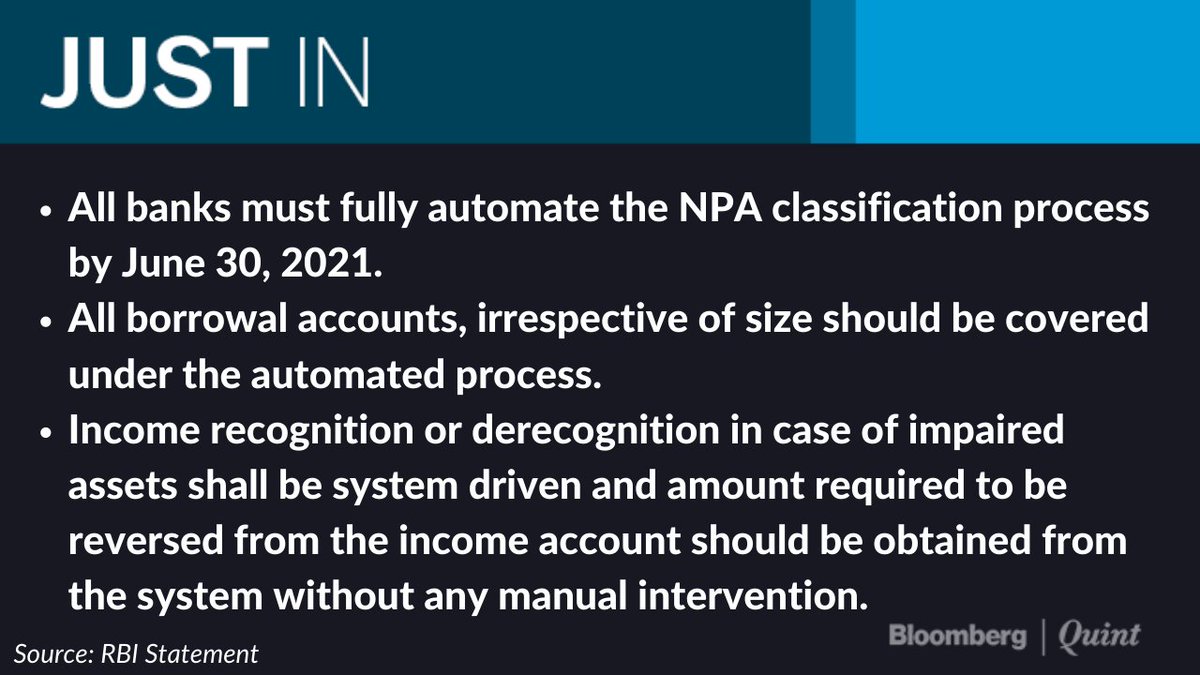 NDTVProfitAlpha's tweet photo. RBI asks banks to fully automate NPA classification and provisioning calculation process. https://t.co/EWb9zb8SC9