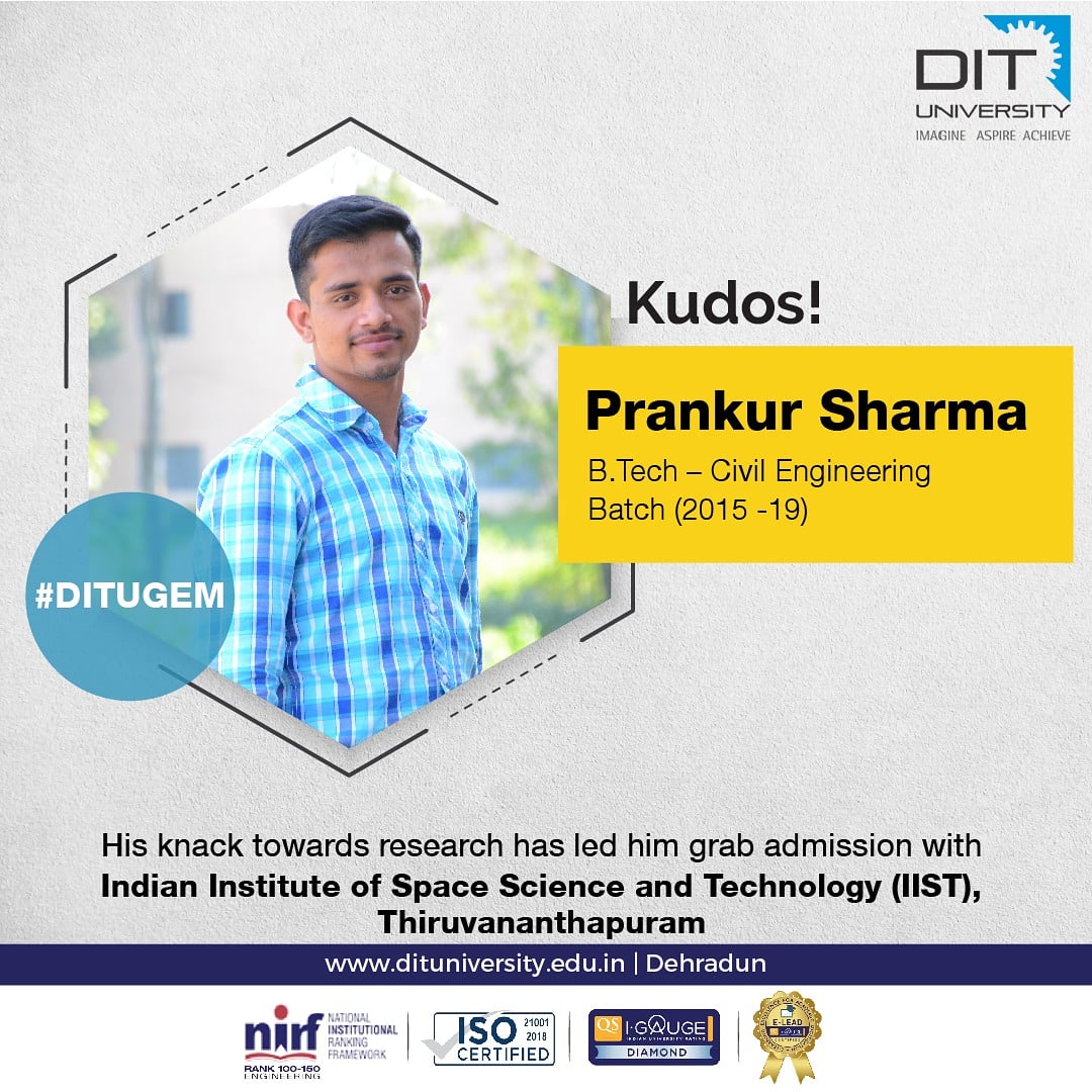 dit_university's tweet photo. Congratulating our GATE Achiever, Prankur Sharma from https://t.co/MuDCGu3hFN – Civil Engineering on his successful selection for pursuing https://t.co/bxGBMxJIdM from Indian Institute of Space Science and Technology (IIST), Thiruvananthapuram. 
#madeindit #dituniversity #ditugem https://t.co/u17hVO5FqS