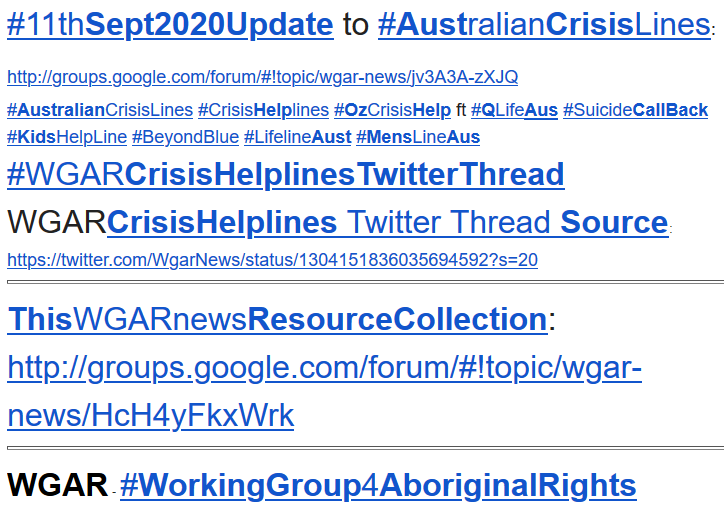WgarNews's tweet photo. #WGARResourceCollection: https://t.co/6whO05HqaE | #WGARcompilation of #14thSept2020 | #SuicidePreventionNational #NSPTRP #NationalSuicidePreventionTraumaRecoveryProject | #11thSept2020Update: #AustralianCrisisLines | #AboutWGARnewsUpdateOf13thSeptember2020 | #WGARmob #TeamWGAR https://t.co/5WFTIrki9e