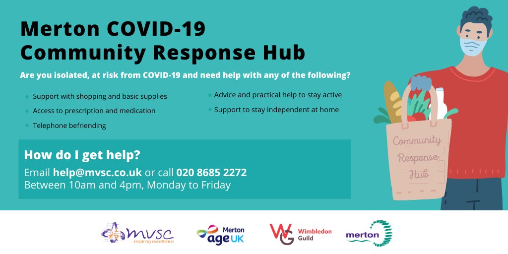Help is still available for Merton residents impacted by Covid-19. If you or someone you know needs help please contact the Merton Covid-19 Community Response Hub:

Email help@mvsc.co.uk
Call 020 8685 2272 (10am - 4pm, Monday to Friday)